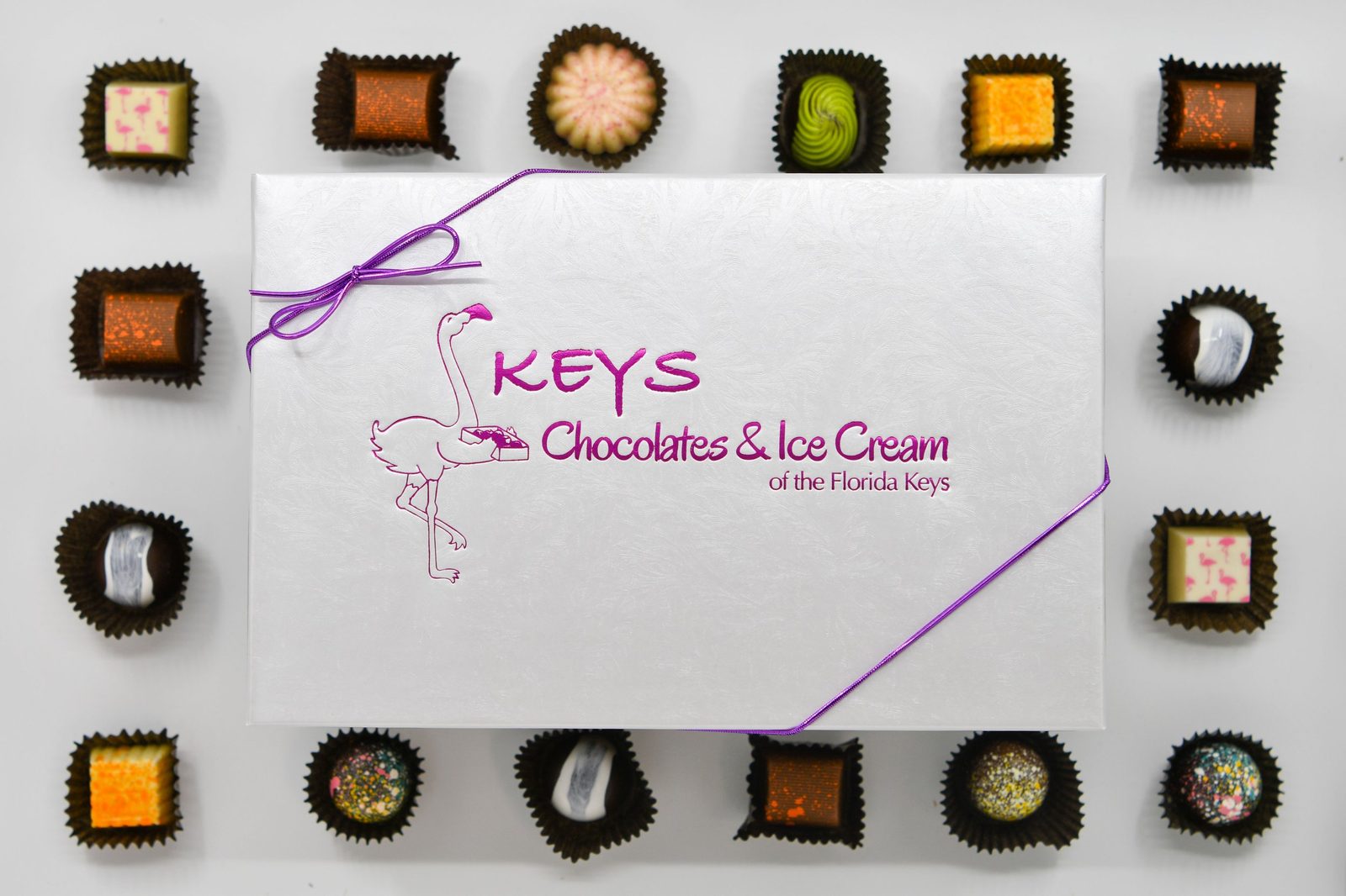 An assorted box of hand-crafted Keys Chocolates truffles