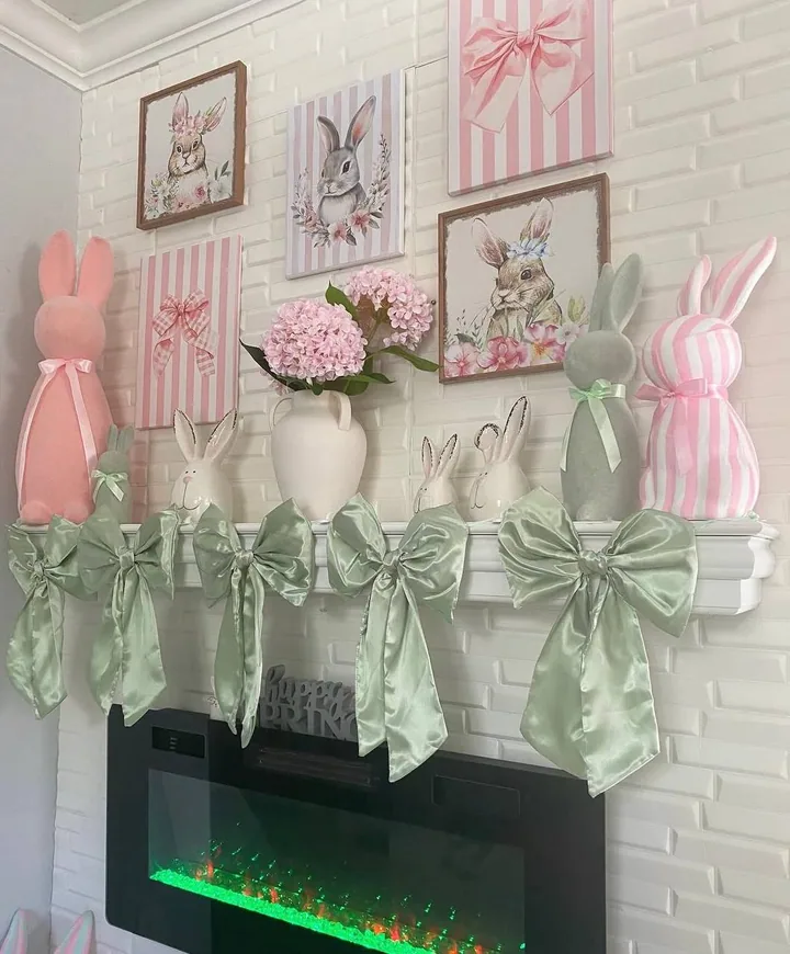 Easter mantel with bunnies, sage bows and hydrangeas in a Miami home