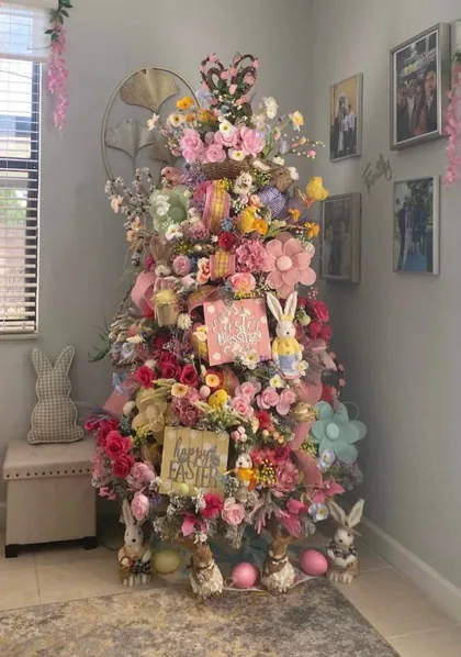 Easter tree covered in spring florals, bunnies and eggs