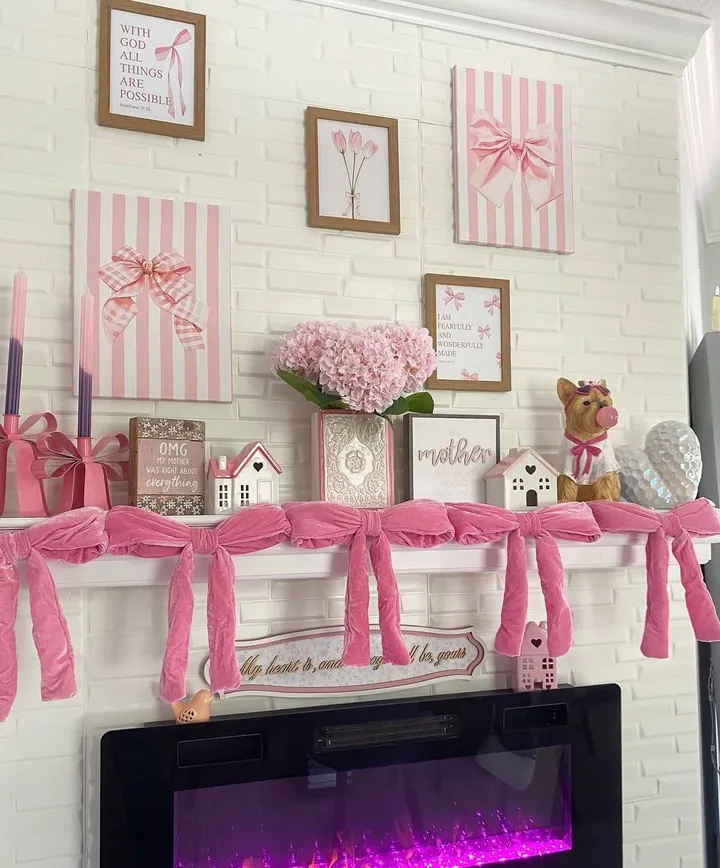 Mother's Day mantel in pink with hydrangeas, bows and framed art