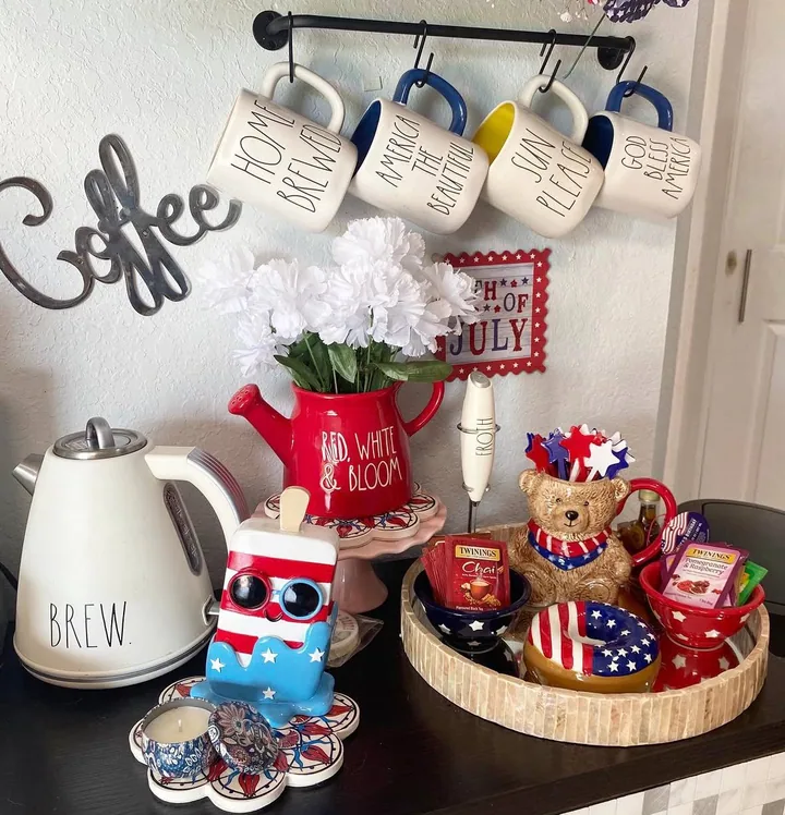 Fourth of July coffee bar styled in red, white and blue