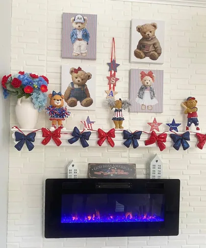 Patriotic mantel with red, white and blue bows, stars and bears