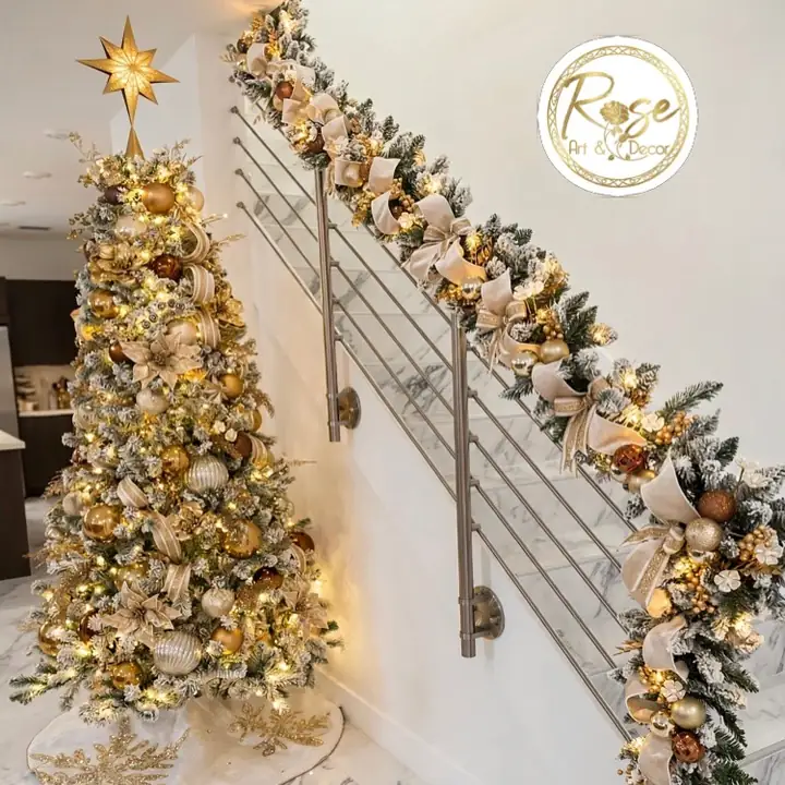 Gold garland running the full length of a staircase railing